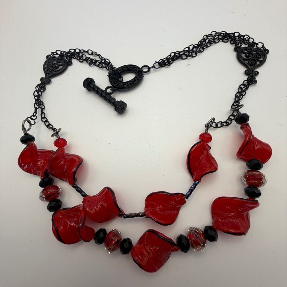 Red Chunky Statement Necklace Black Beads Multi Strand Artisan Style Jewelry